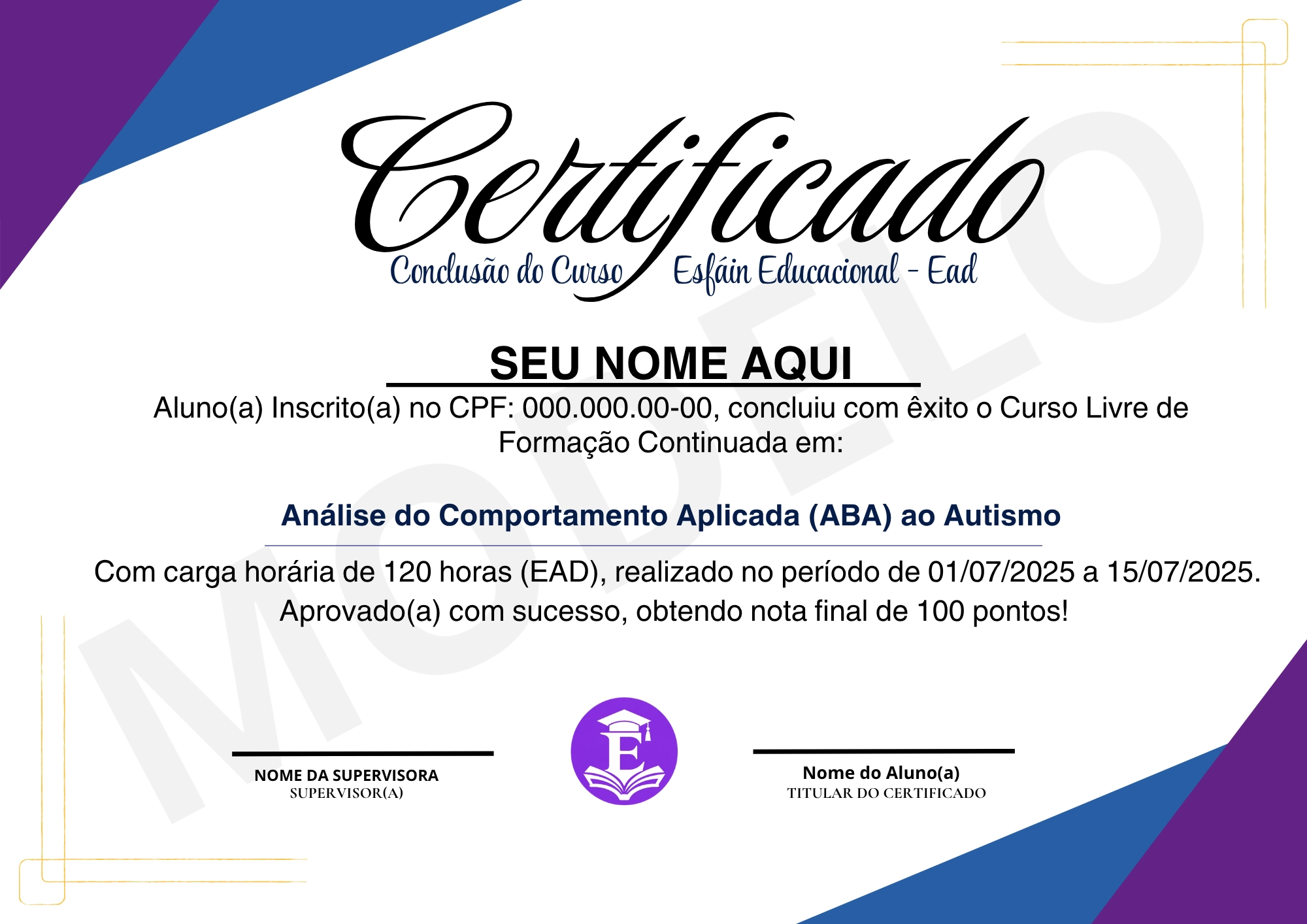 Modelo da frente do certificado de conclusão