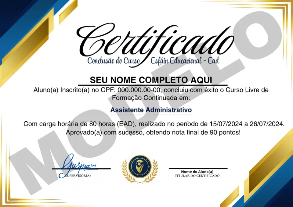Modelo da frente do certificado de conclusão